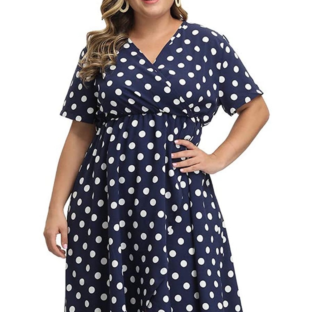 Navy tea length polka dot dress